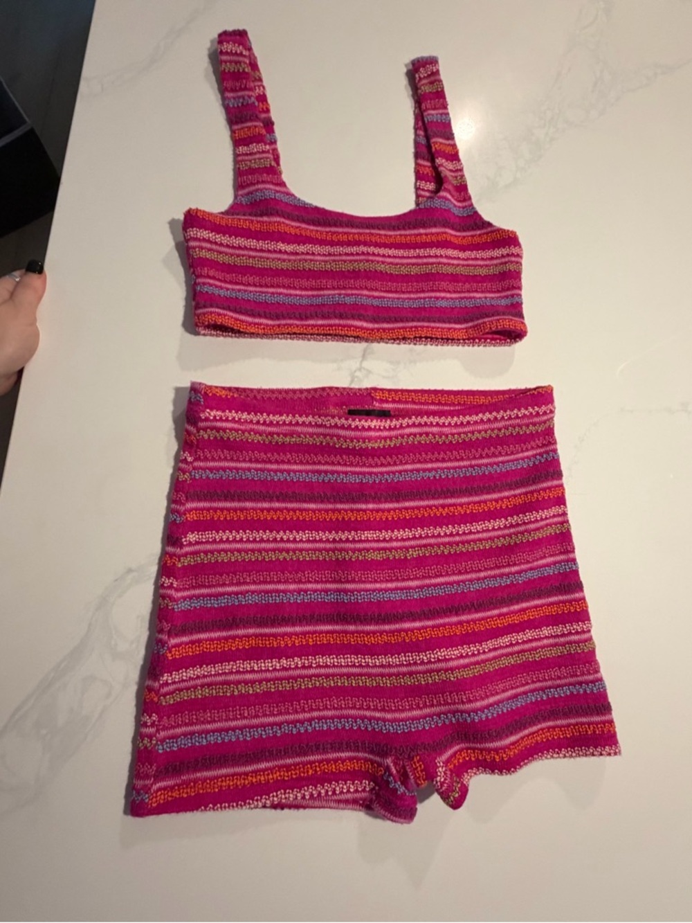 White Fox Boutique Pink Multi-Striped Knit Crop and shorts matching set